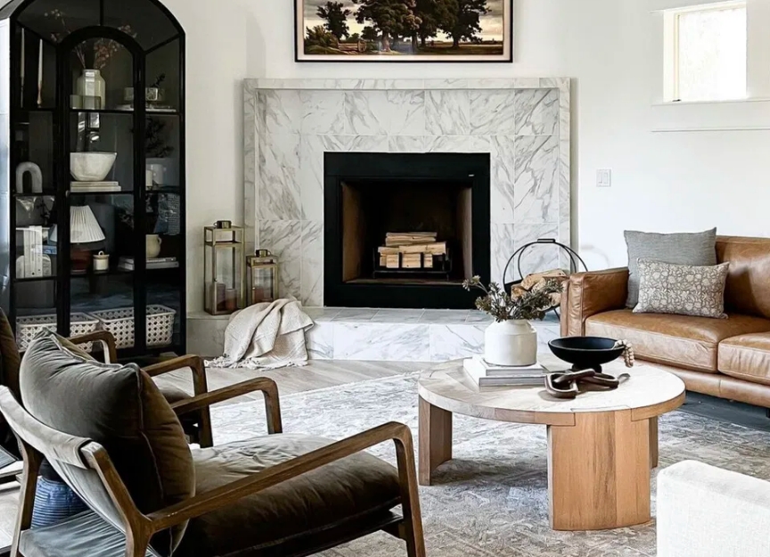 Modern living room with marble fireplace